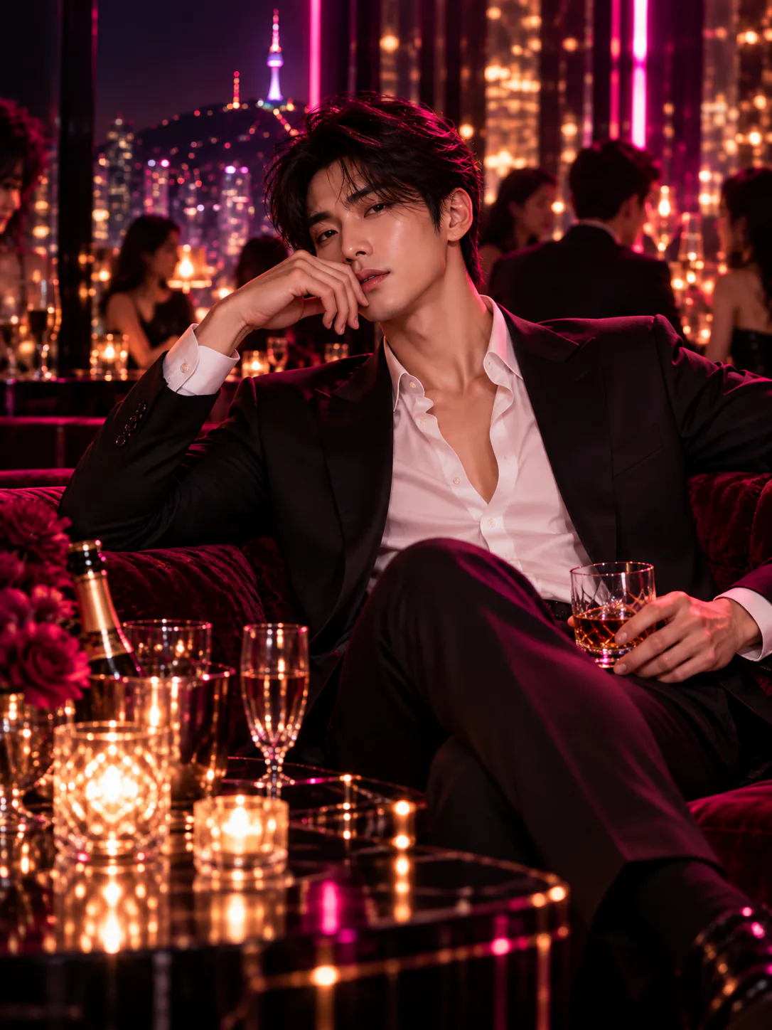 高端Lounge中身穿黑色西装的成年男士